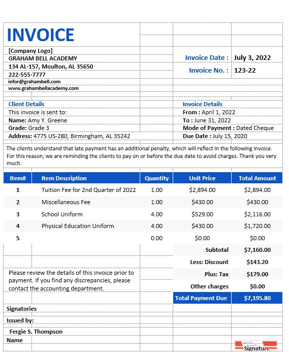 Free Sample School Invoice Template PSD template